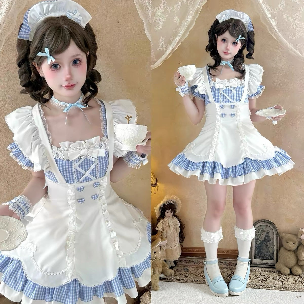 Blue White / Black White Plaid Sweet Maid Lolita Dress BY1111
