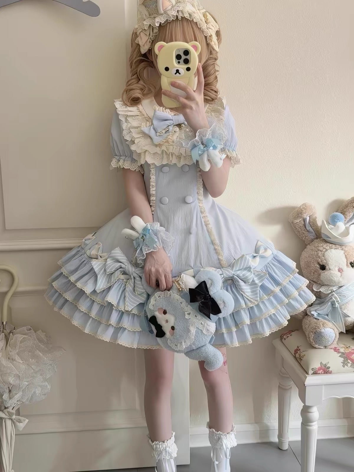 Pink/Blue/Black Striped Bow Cake Tier Sweet Lolita Dress | In Stock BY0002