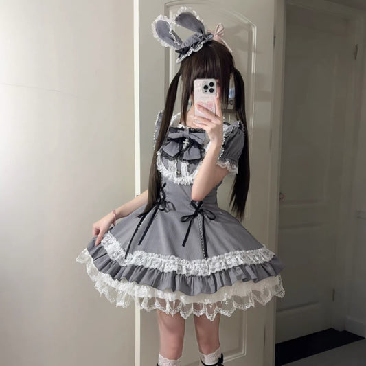 Pilgrim Rabbit Grey & White Striped Short Sleeve OP Dress BY6688
