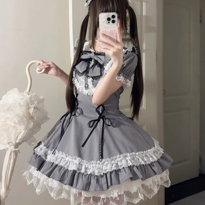 Pilgrim Rabbit Grey & White Striped Short Sleeve OP Dress MODEL 