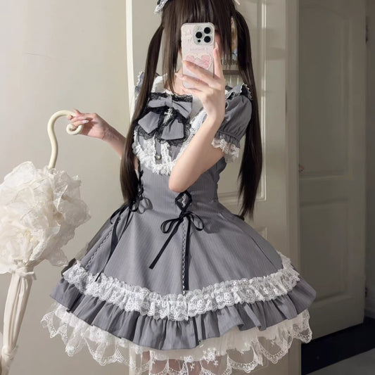 Pilgrim Rabbit Grey & White Striped Short Sleeve OP Dress BY6688