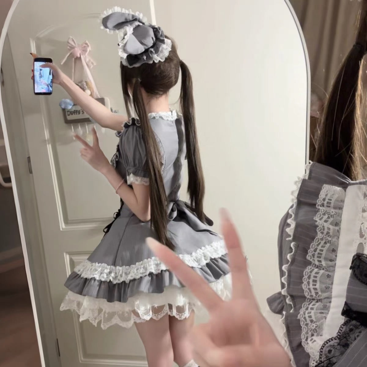 Pilgrim Rabbit Grey & White Striped Short Sleeve OP Dress MODEL