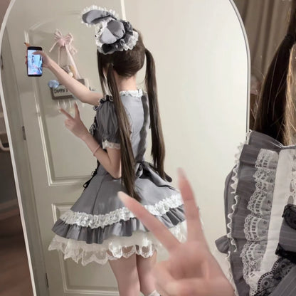 Pilgrim Rabbit Grey & White Striped Short Sleeve OP Dress MODEL