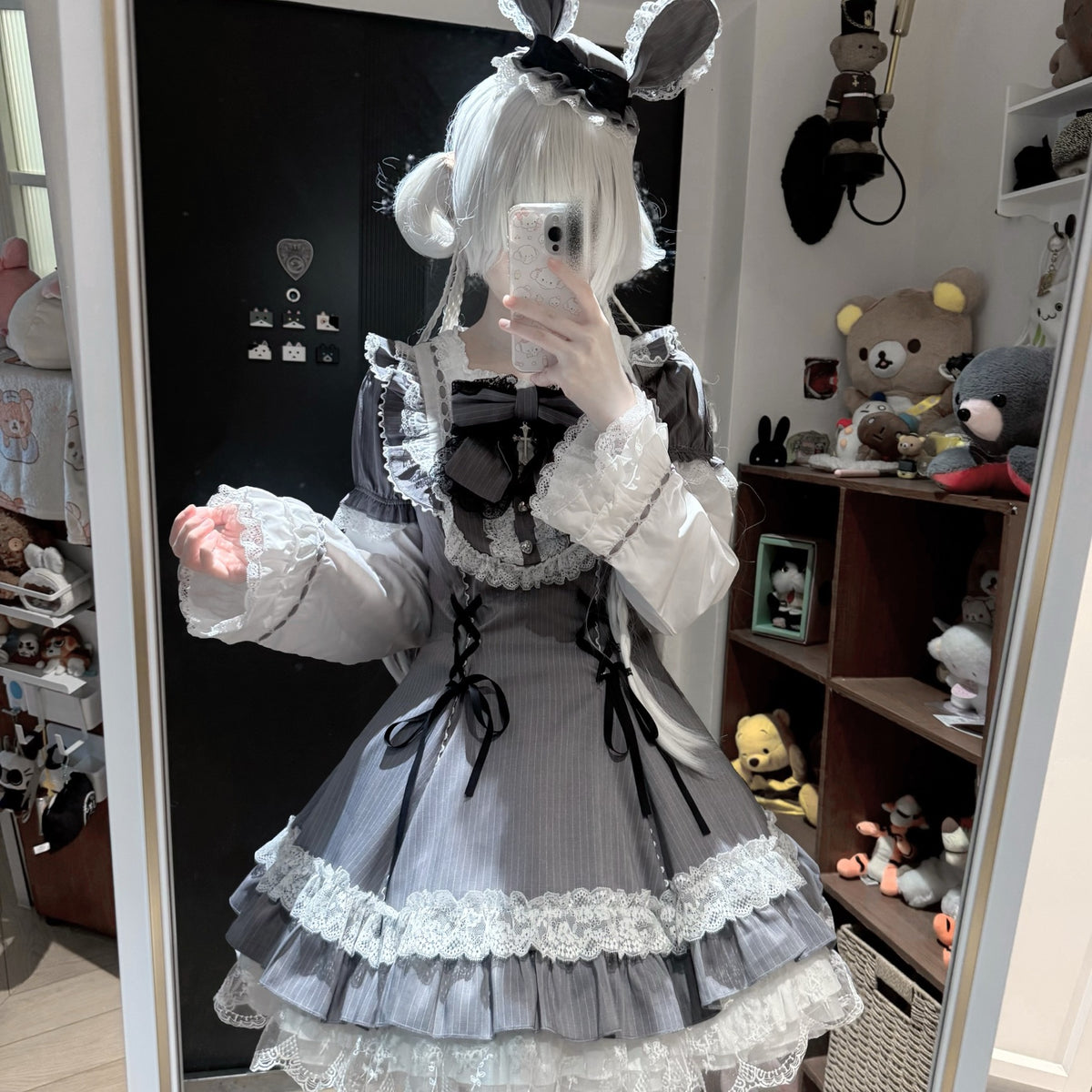 Pilgrim Rabbit Grey & White Striped Short Sleeve OP Dress MODEL