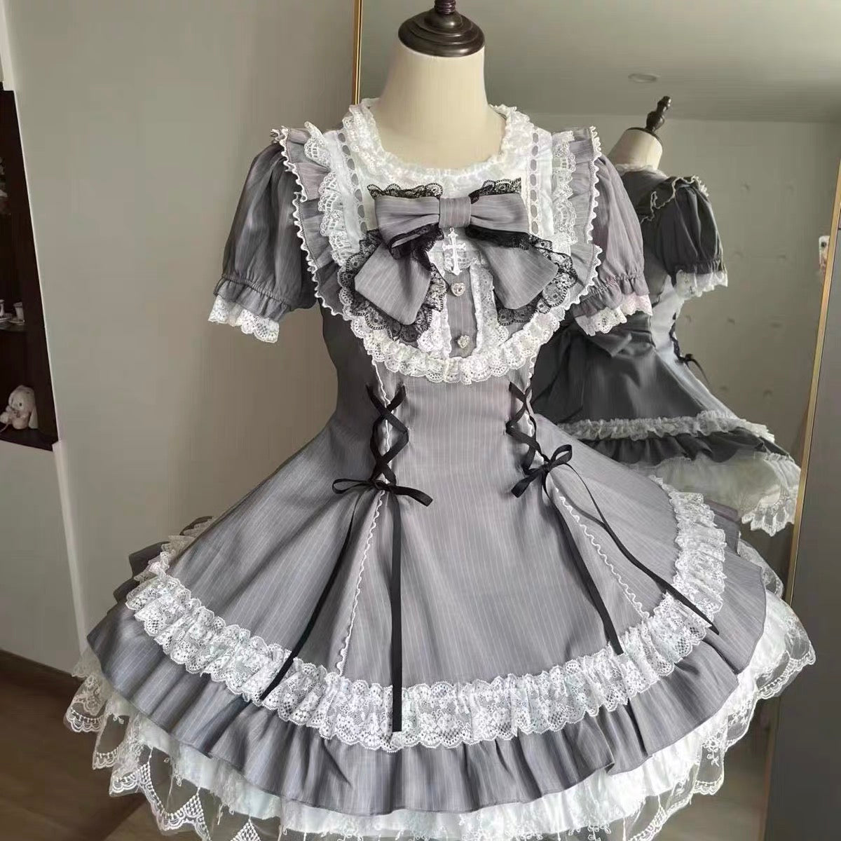 Pilgrim Rabbit Grey & White Striped Short Sleeve OP Dress MODEL