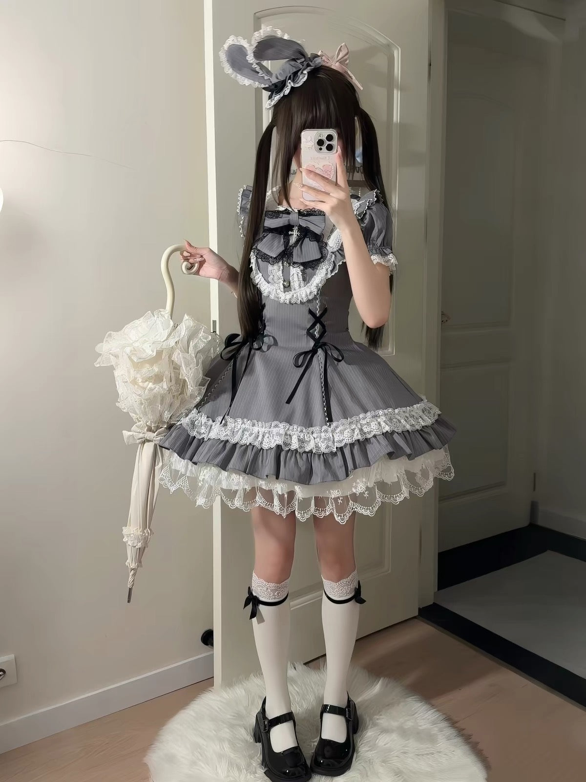 Pilgrim Rabbit Grey & White Striped Short Sleeve OP Dress MODEL