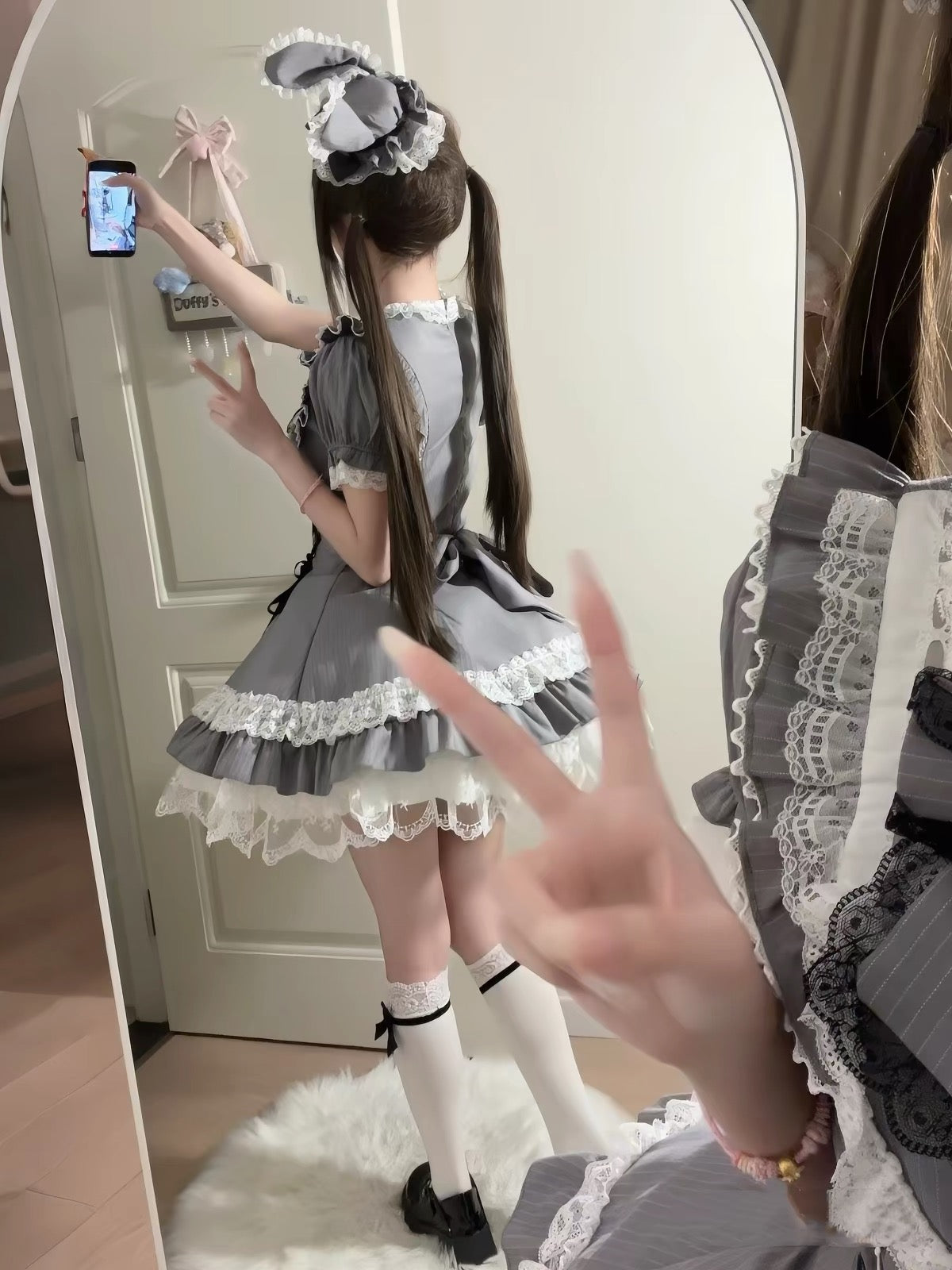 Pilgrim Rabbit Grey & White Striped Short Sleeve OP Dress MODEL