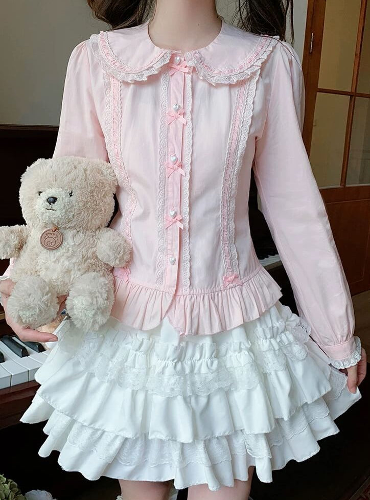 4 Colors Japanese Kawaii Peter Pan Collar Lolita Blouse pink long sleeved