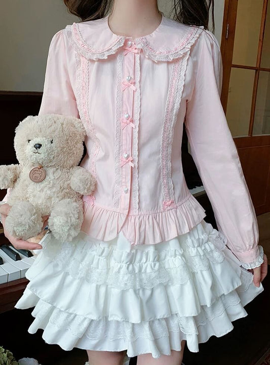4 Colors Japanese Kawaii Peter Pan Collar Lolita Blouse pink long sleeved