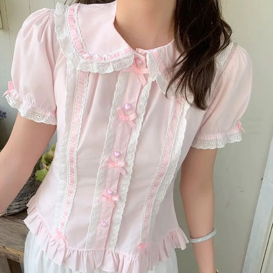 4 Colors Japanese Kawaii Peter Pan Collar Lolita Blouse pink
