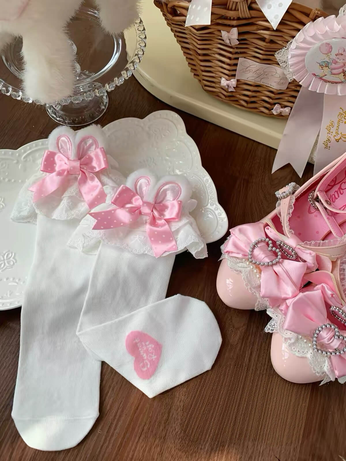 Kawaii Lolita Bunny Ear Bow Lace Frilly Calf Socks