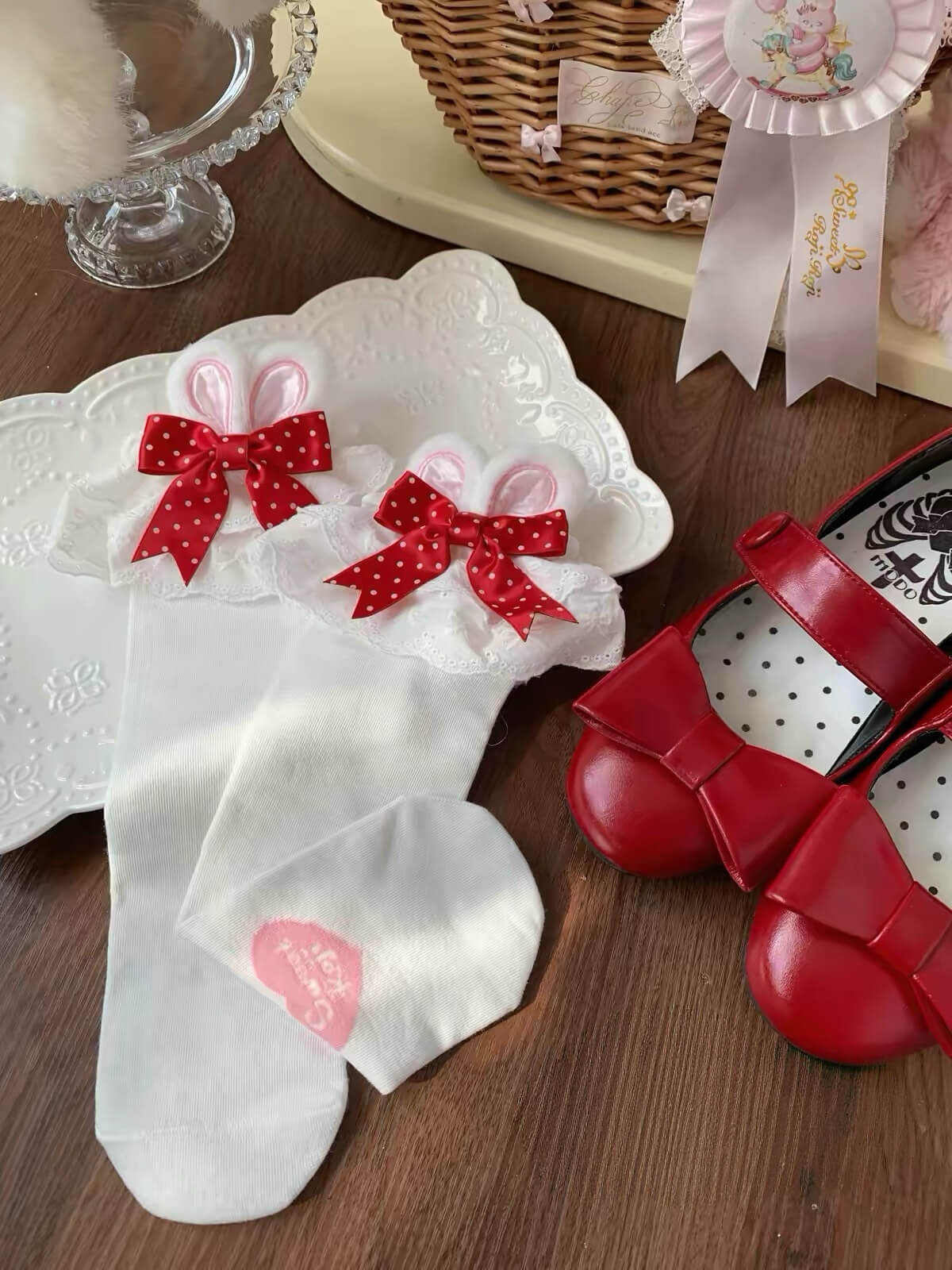 Kawaii Lolita Bunny Ear Bow Lace Frilly Calf Socks