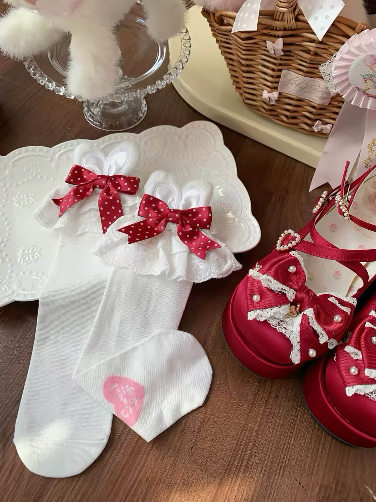 Kawaii Lolita Bunny Ear Bow Lace Frilly Calf Socks