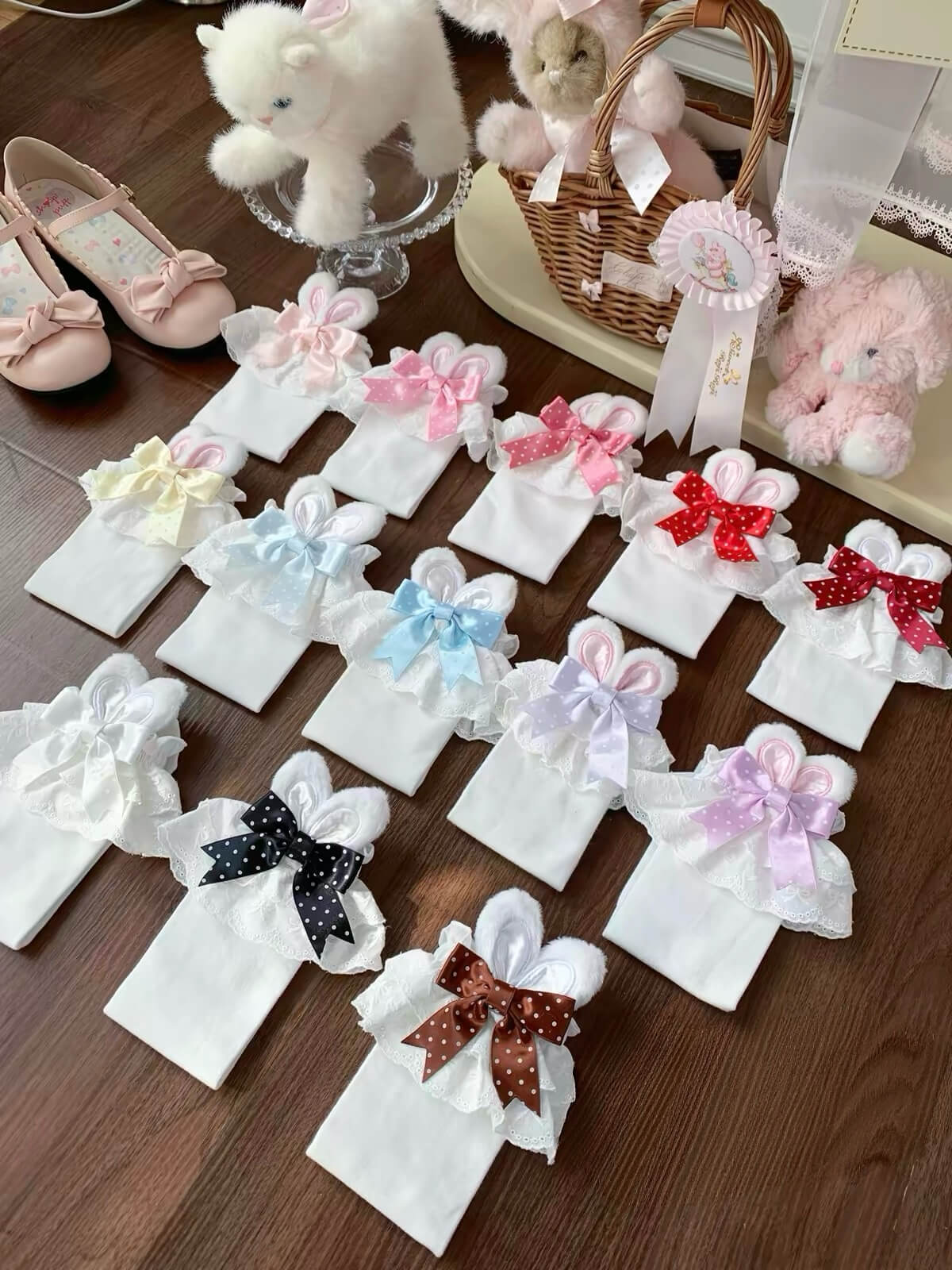 Kawaii Lolita Bunny Ear Bow Lace Frilly Calf Socks