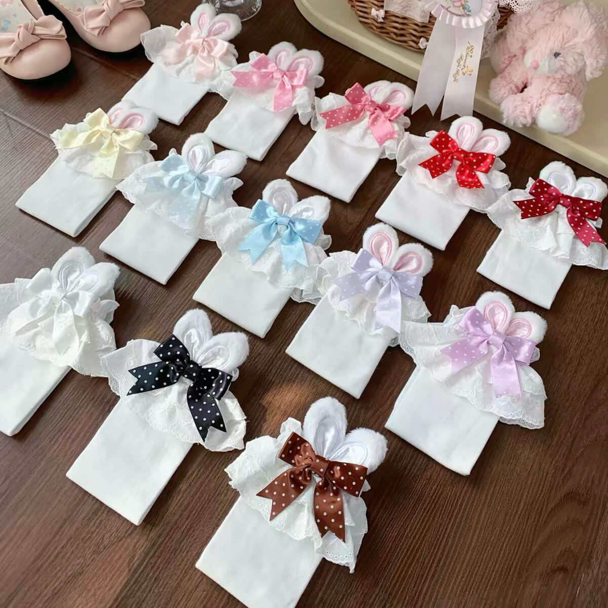 Kawaii Lolita Bunny Ear Bow Lace Frilly Calf Socks