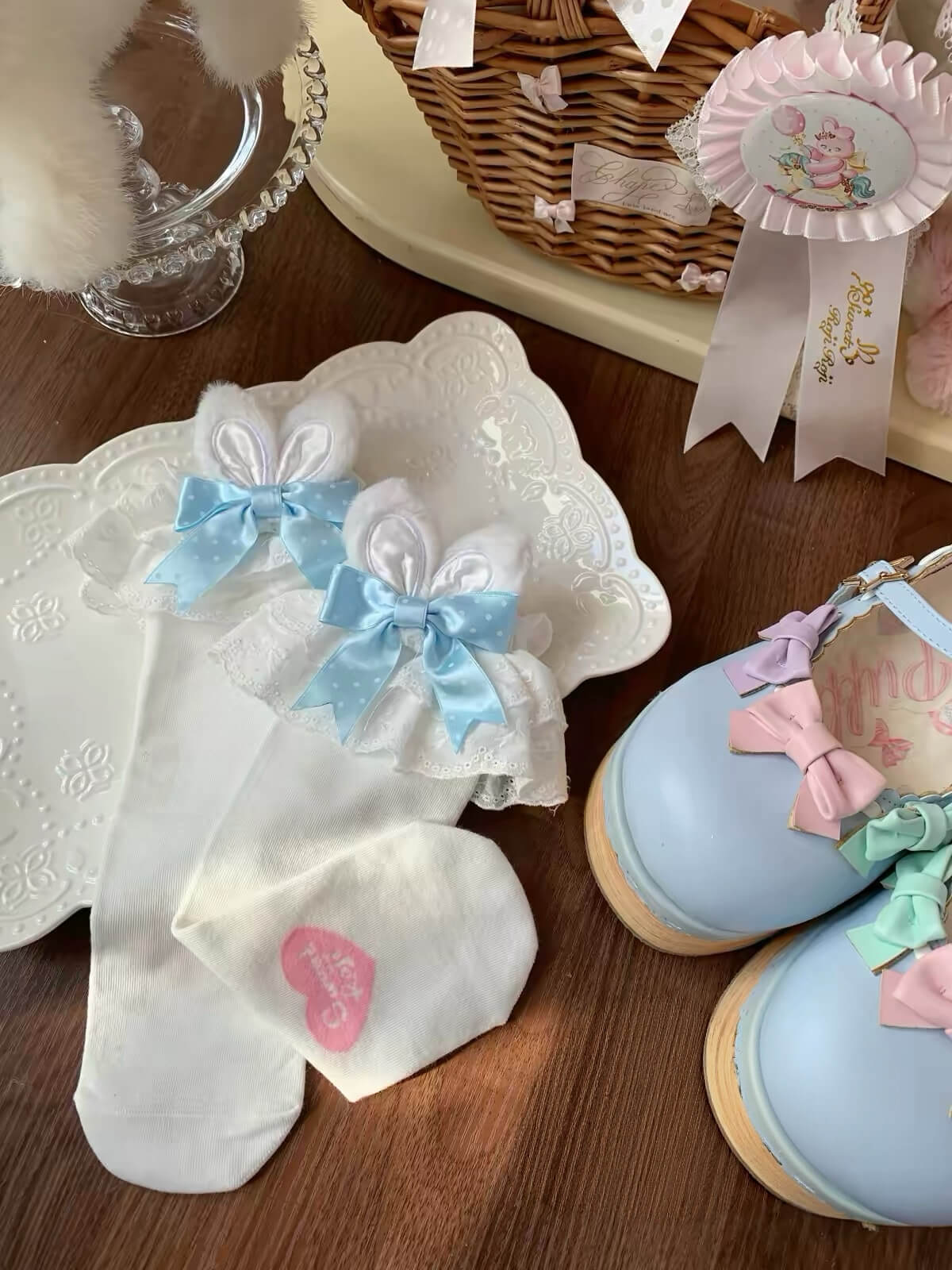 Kawaii Lolita Bunny Ear Bow Lace Frilly Calf Socks