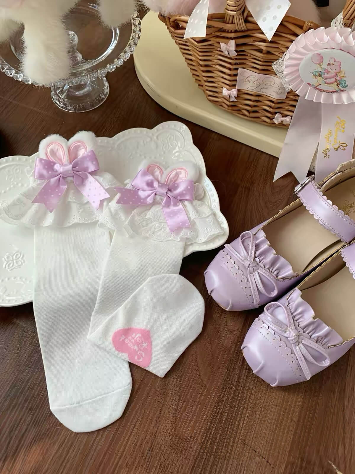 Kawaii Lolita Bunny Ear Bow Lace Frilly Calf Socks