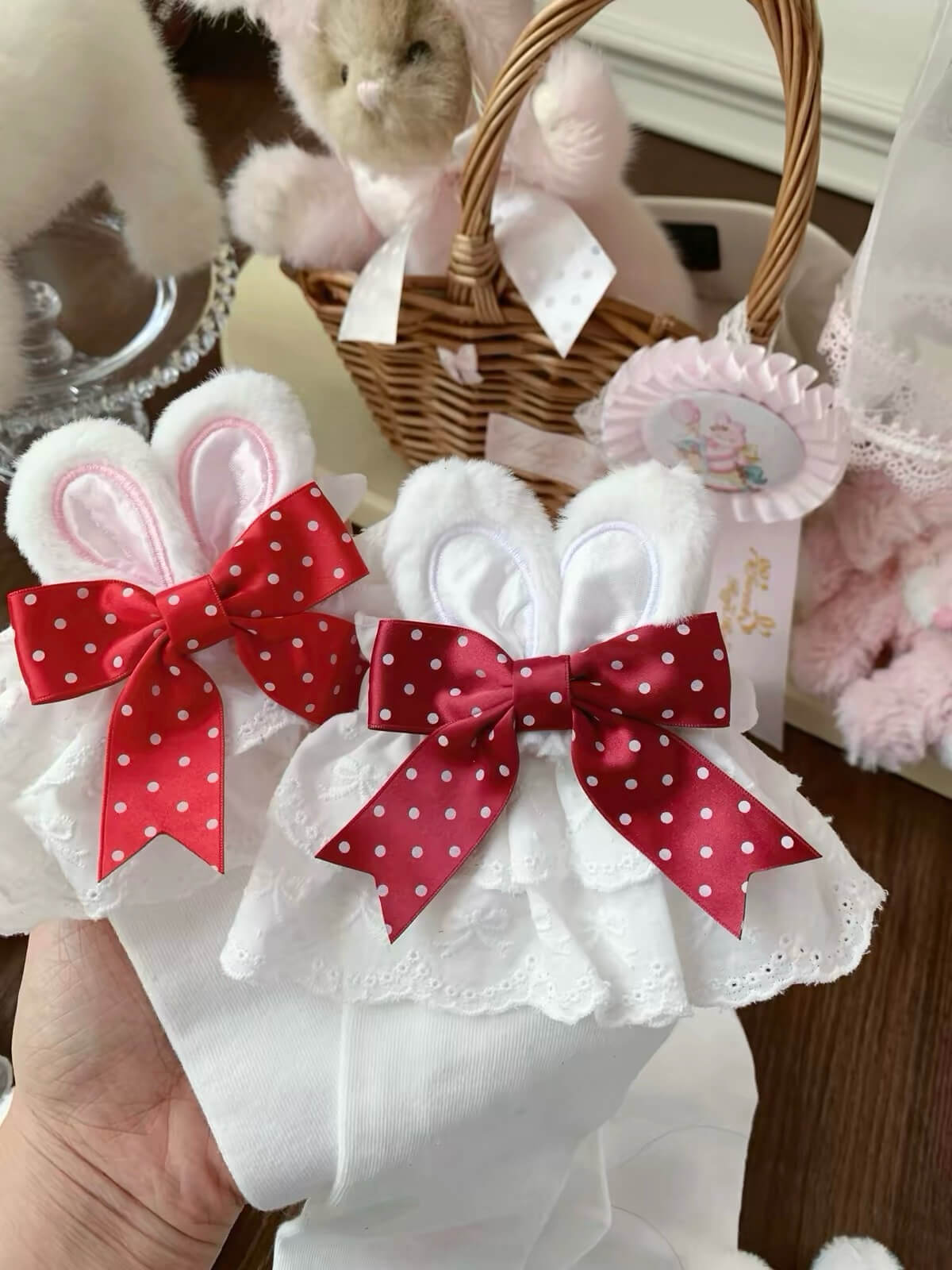 Kawaii Lolita Bunny Ear Bow Lace Frilly Calf Socks