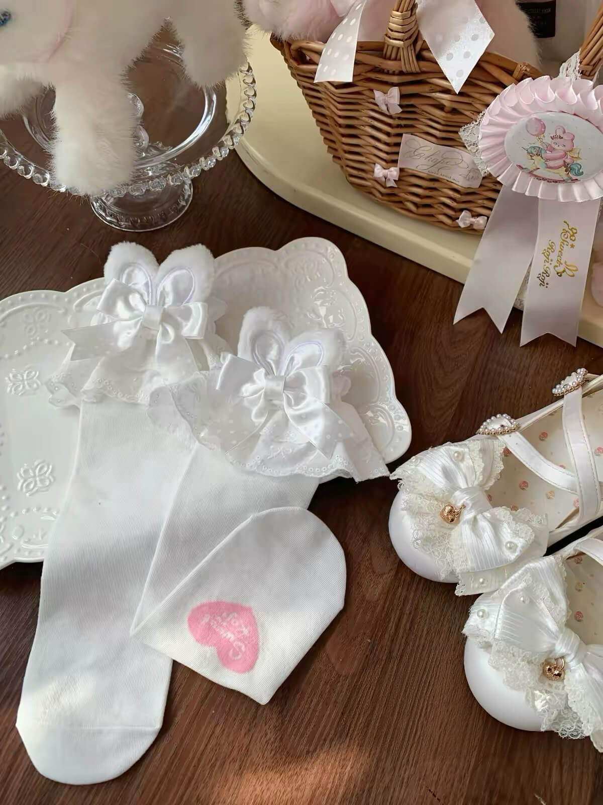 Kawaii Lolita Bunny Ear Bow Lace Frilly Calf Socks