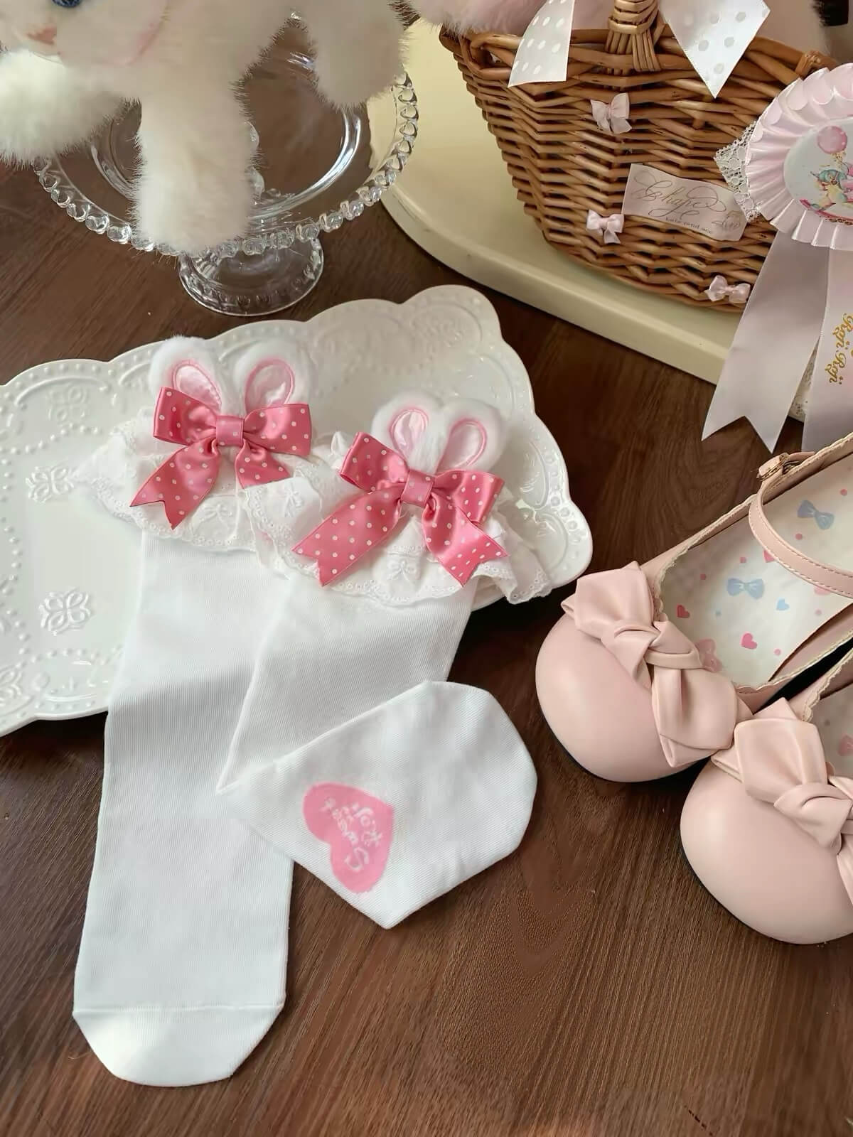 Kawaii Lolita Bunny Ear Bow Lace Frilly Calf Socks
