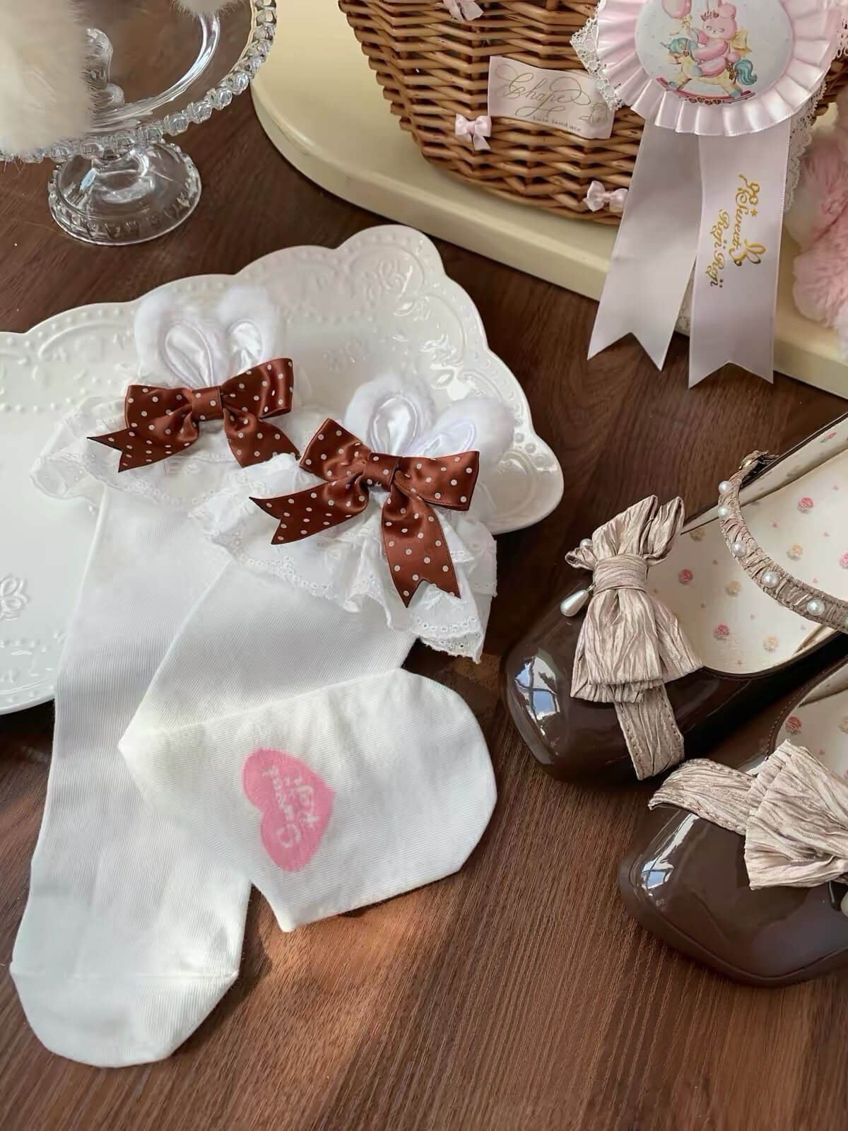 Kawaii Lolita Bunny Ear Bow Lace Frilly Calf Socks