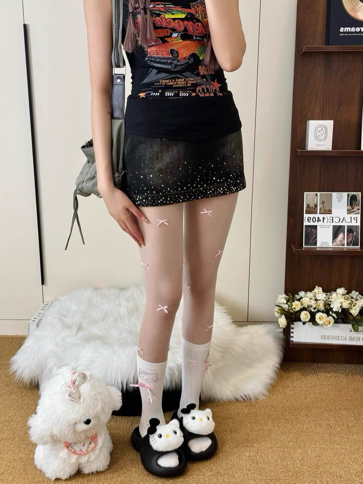 Kawaii Sheer Mesh Tights Shiny Rhinestones BY9181