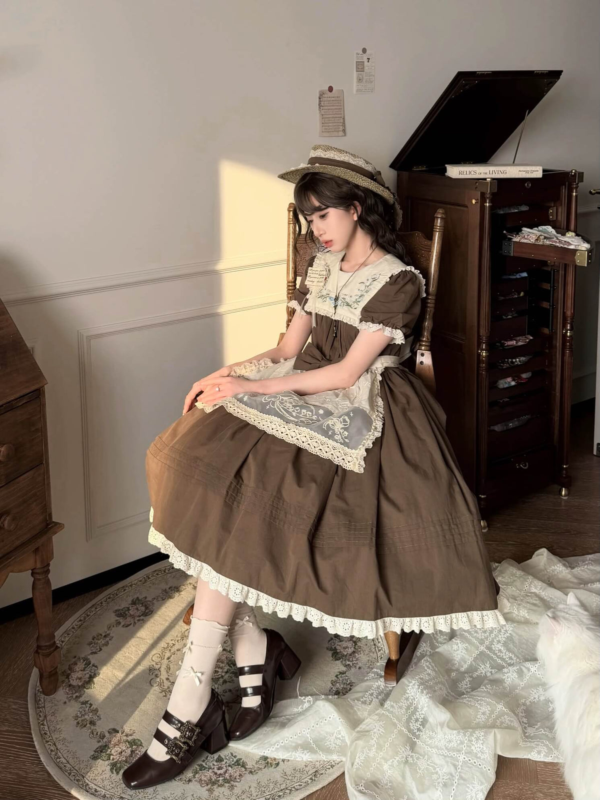Lily of the Valley Embroidery OP with Apron Cotton Lolita Dress brown