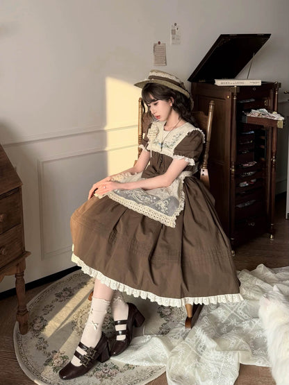 Lily of the Valley Embroidery OP with Apron Cotton Lolita Dress brown