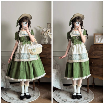 Lily of the Valley Embroidery OP with Apron Cotton Lolita Dress green