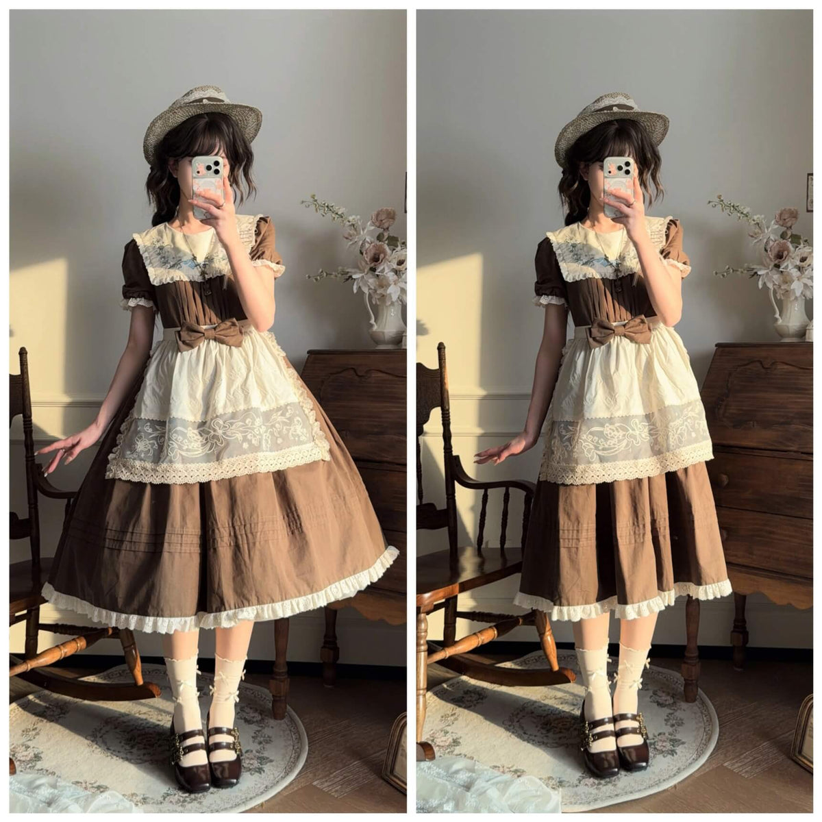 Lily of the Valley Embroidery OP with Apron Cotton Lolita Dress brown