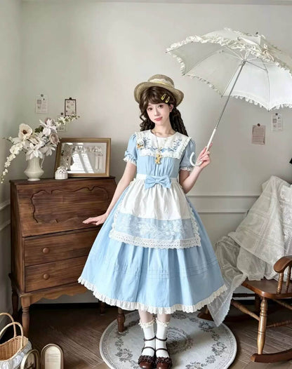 Lily of the Valley Embroidery OP with Apron Cotton Lolita Dress blue