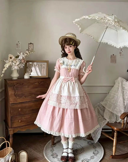 Lily of the Valley Embroidery OP with Apron Cotton Lolita Dress pink