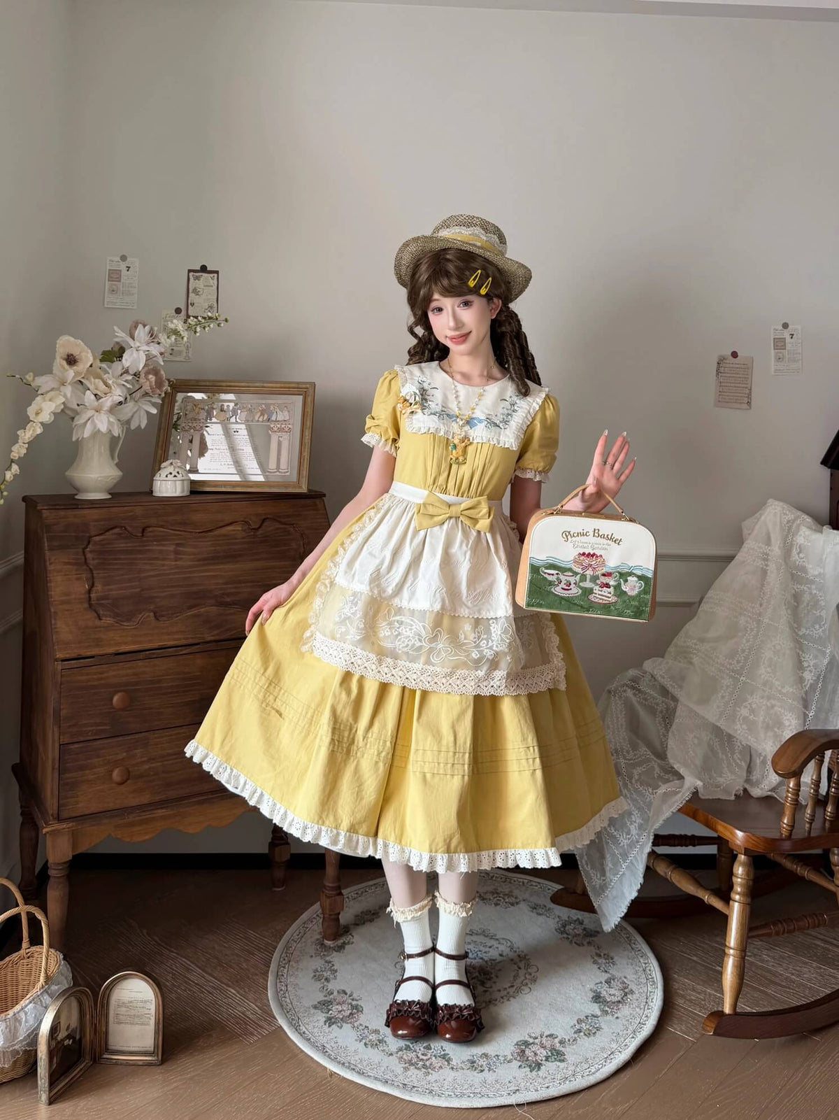 Lily of the Valley Embroidery OP with Apron Cotton Lolita Dress yellow