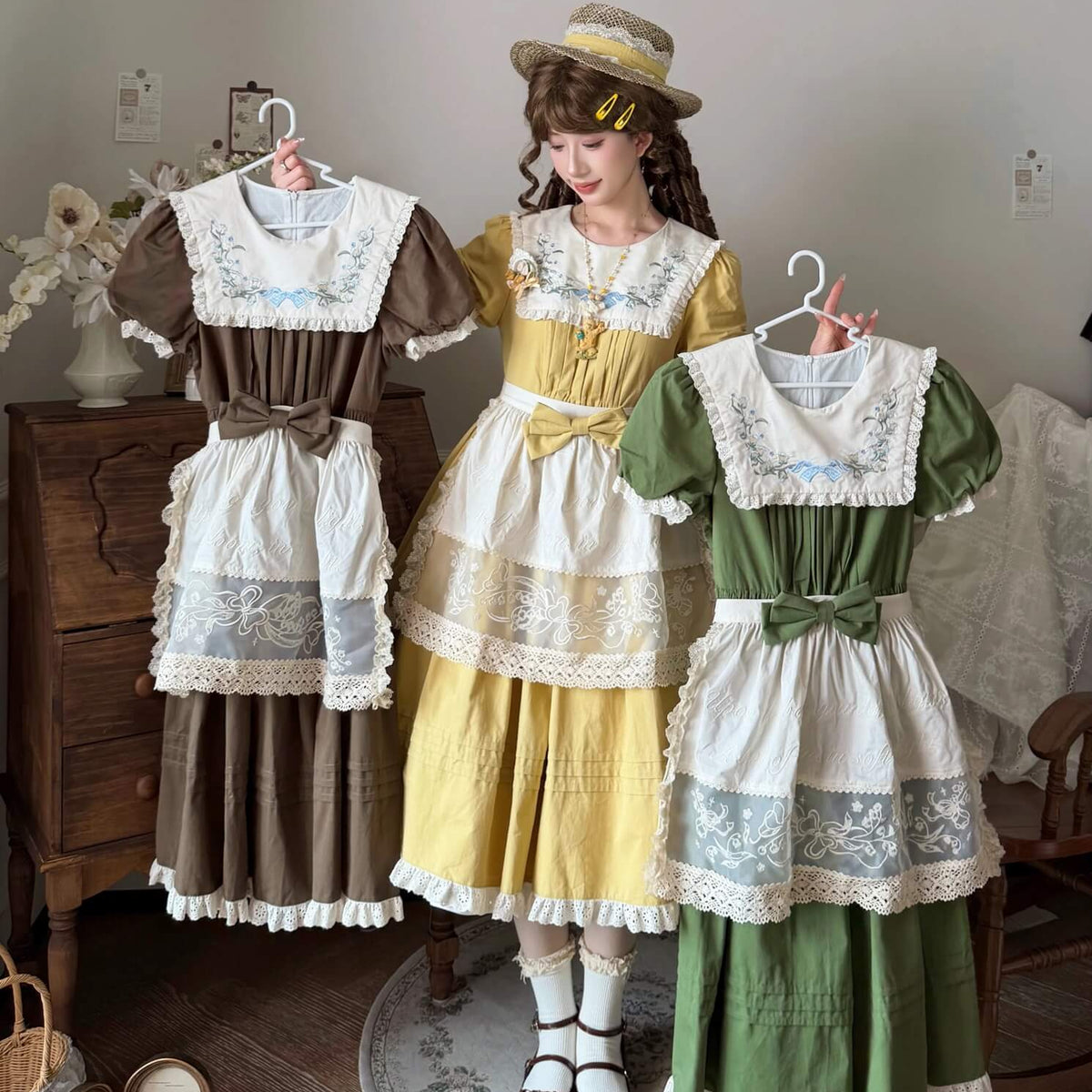 Lily of the Valley Embroidery OP with Apron Cotton Lolita Dress 