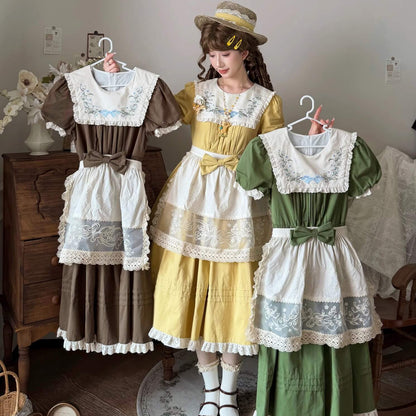 Lily of the Valley Embroidery OP with Apron Cotton Lolita Dress 