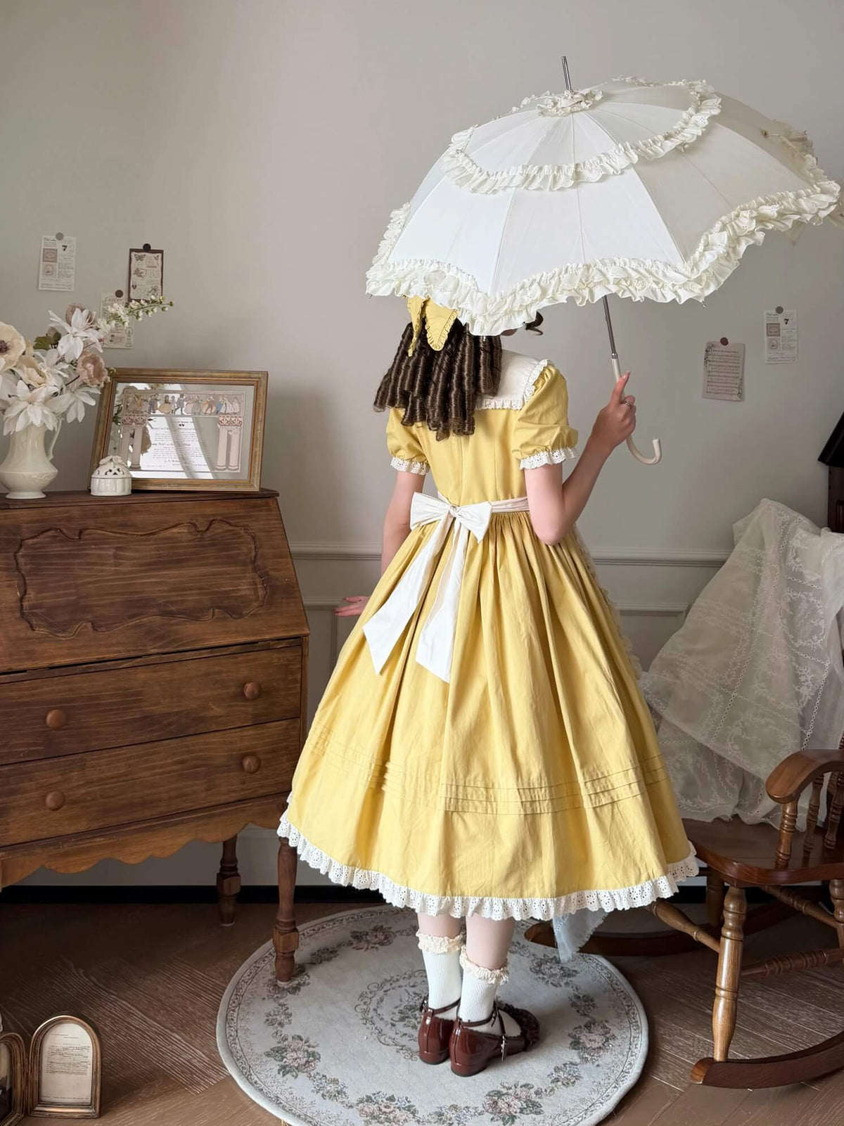 Lily of the Valley Embroidery OP with Apron Cotton Lolita Dress yellow back