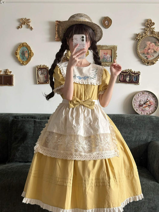 Lily of the Valley Embroidery OP with Apron Cotton Lolita Dress yellow