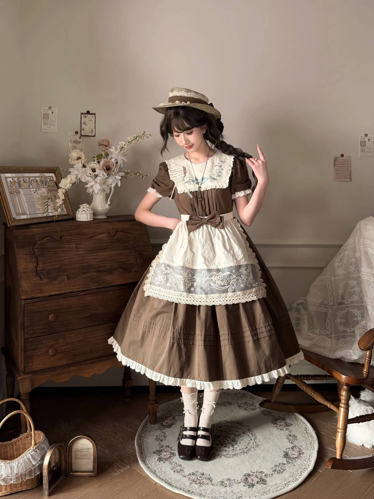 Lily of the Valley Embroidery OP with Apron Cotton Lolita Dress brown