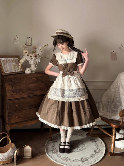 Lily of the Valley Embroidery OP with Apron Cotton Lolita Dress brown