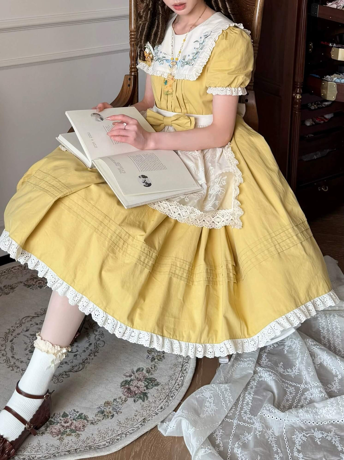 Lily of the Valley Embroidery OP with Apron Cotton Lolita Dress yellow detail