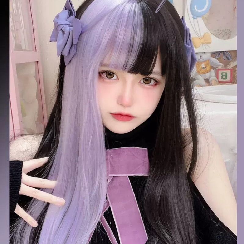 Kuromi Black Purple Contrast Long Straight Hair by241172