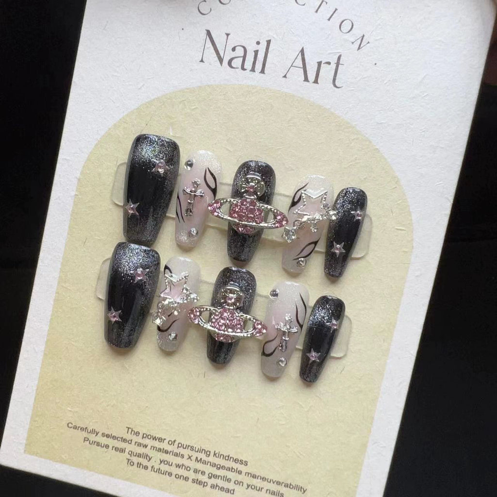 handmade fake nails black pink long coffin nails BY10015