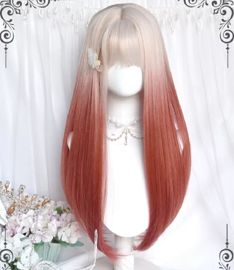 Red gradient long straight wig by241173