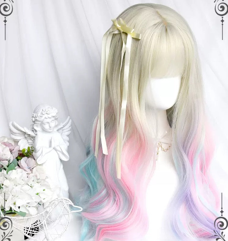 Pink blue purple gradient soft girl wig by241171