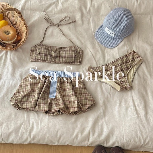 Checkered flower bud skirt bikini three-piece set