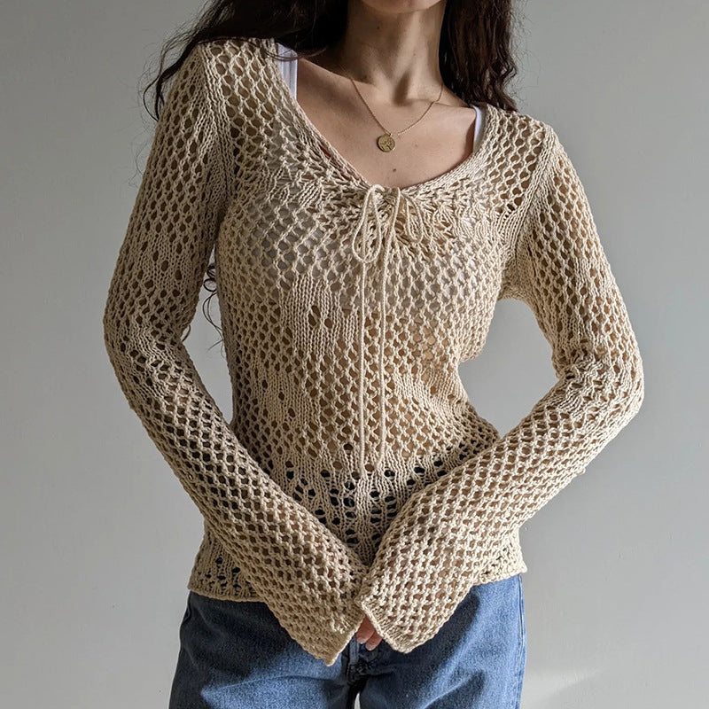 Solid color minimalist strap hollowed out sweater by11292