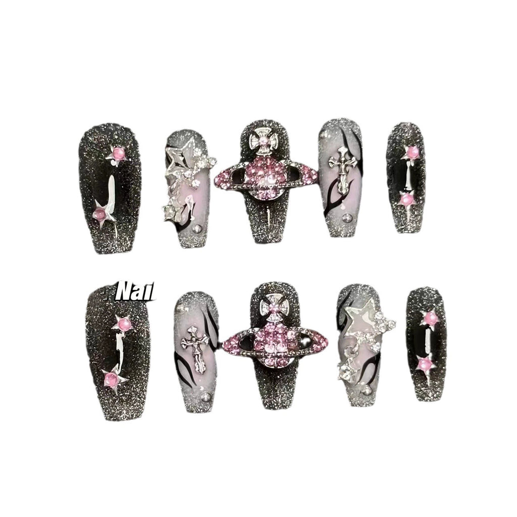 handmade fake nails black pink long coffin nails BY10015