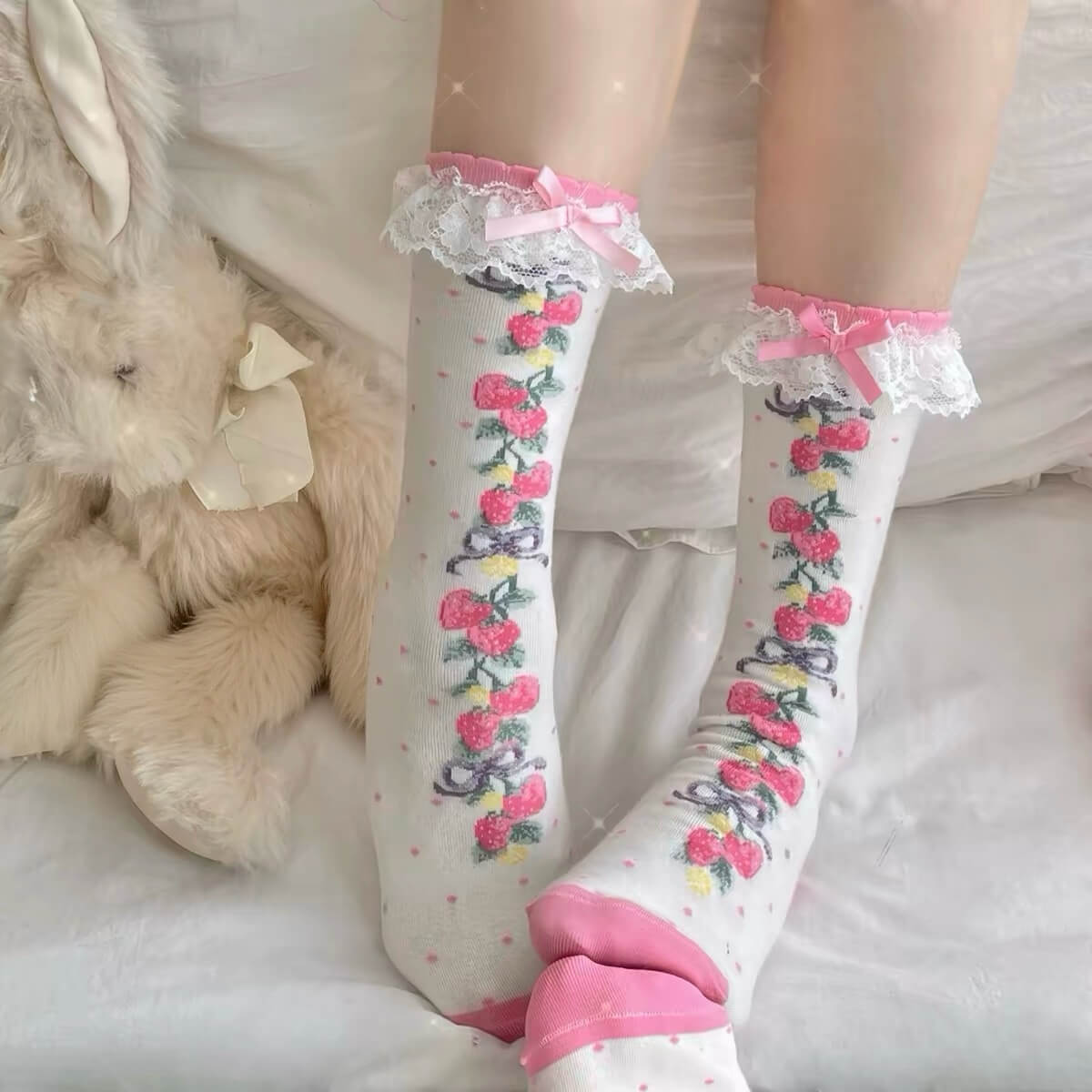 StrawberryClusterPrintLolitaCottonAnkle_CrewSocks rose red
