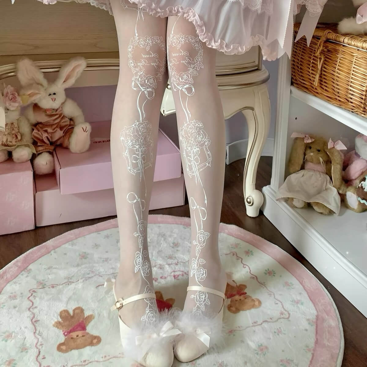 Sweet Lolita Rose Frame Print Sheer Tights BY9288