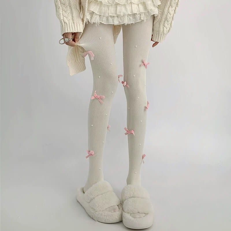 Sweet Lolita White Bow Pearl Ribbed Tights BY1190